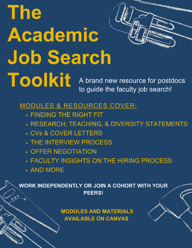 Graphic of Academic Job Search Toolkit for Canvas course. Described below.